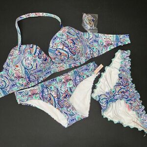 Victoria's Secret 36DD BIKINI M bottom lot BLUE boho PAISLEY foil CONVERTIBLE